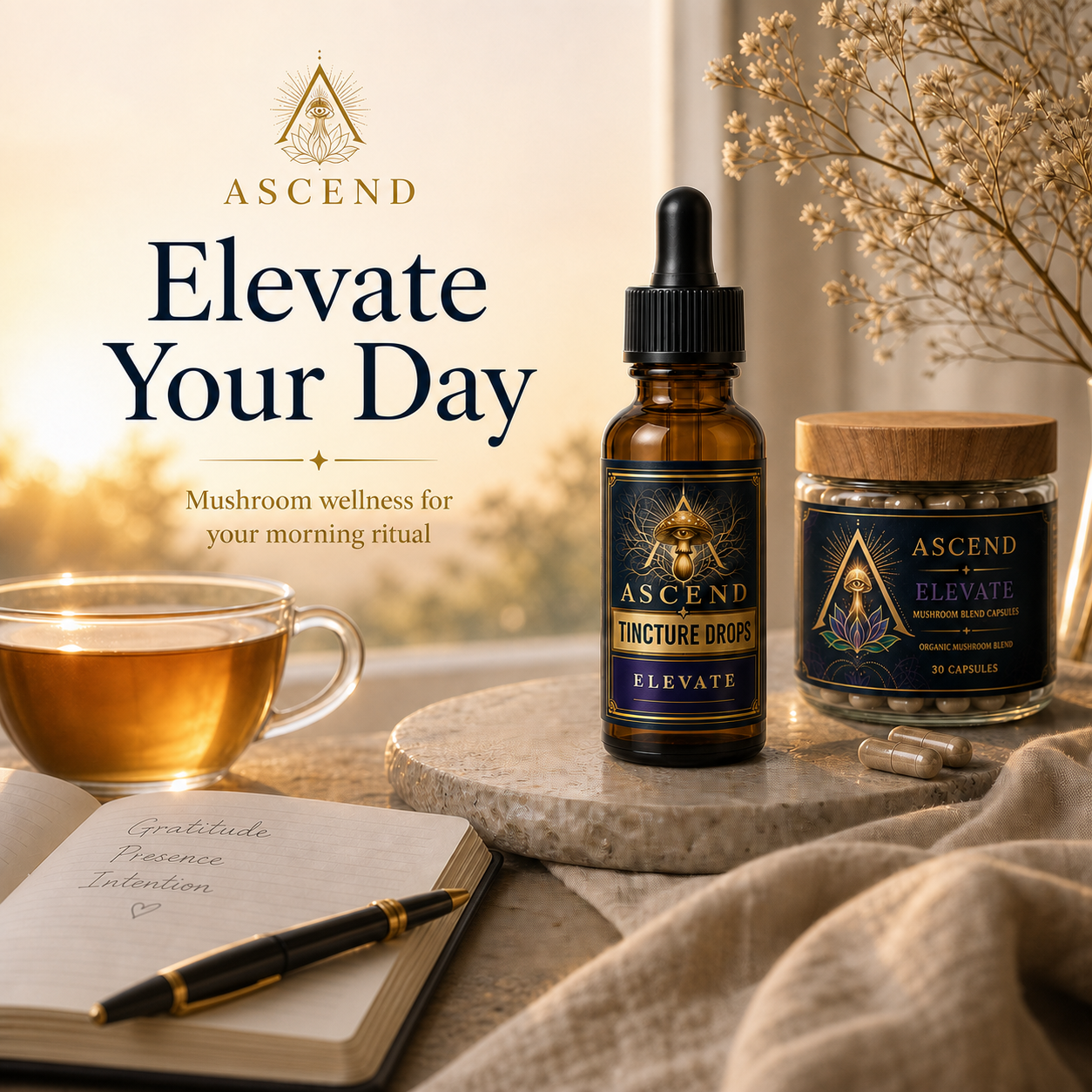 ASCEND morning ritual with tincture drops, capsules, tea, and journal