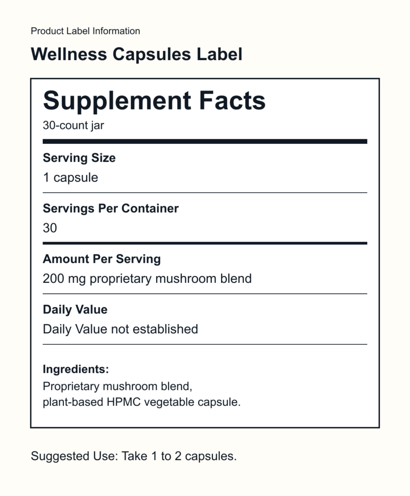 Product Label Information Wellness Capsules Label Supplement Facts 30-count jar Serving Size 1 capsule Servings Per Container 30 Amount Per Serving 200 mg proprietary mushroom blend Daily Value Daily Value not established Ingredients: Proprietary mushroom blend, plant-based HPMC vegetable capsule. Suggested Use: Take 1 to 2 capsules.