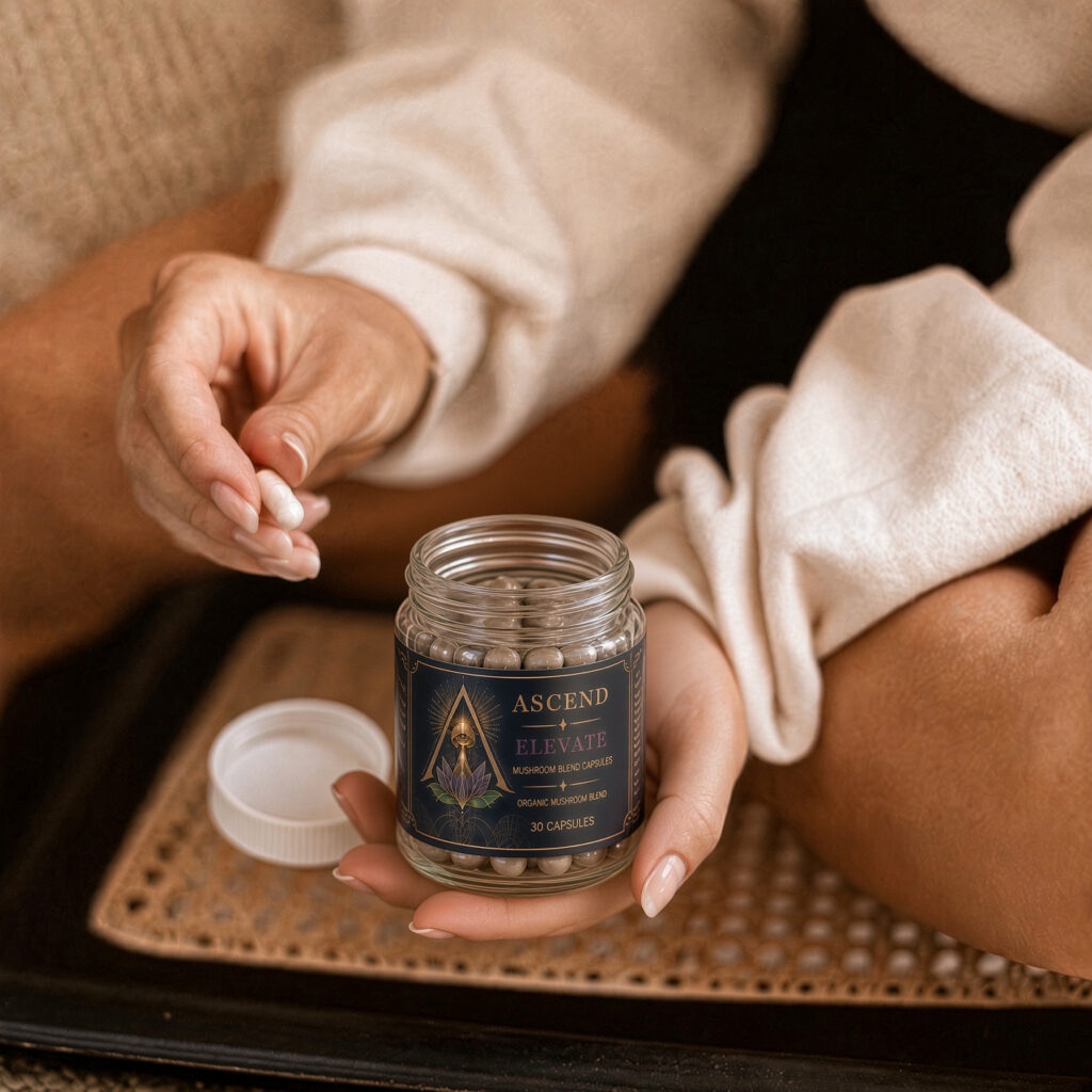 Hands holding an ASCEND Wellness Capsules jar and a capsule.