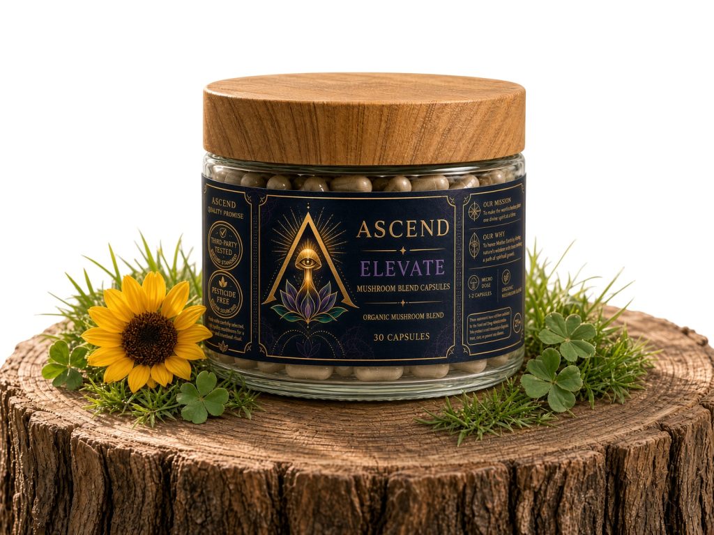 ASCEND Wellness Capsules 30-count jar on a stump with a sunflower and greenery