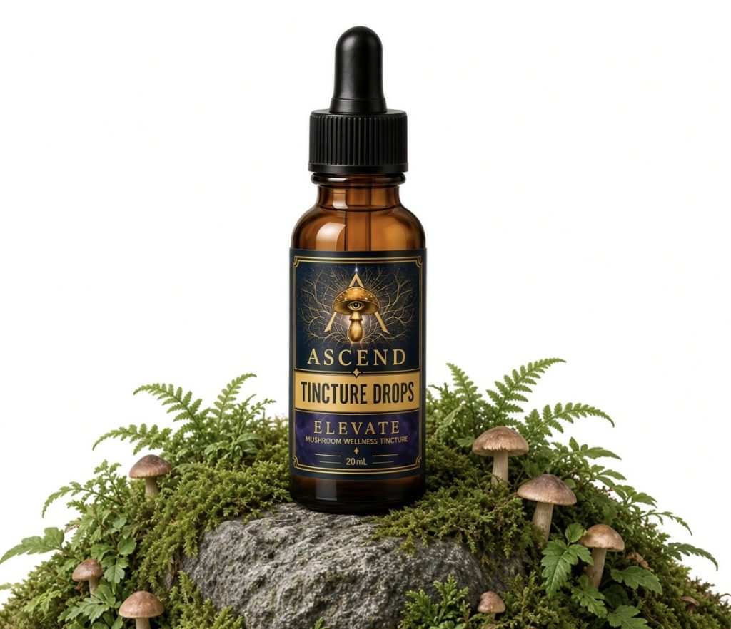 ASCEND Tincture Drops 20ml bottle on a mossy rock surrounded by ferns and mushrooms