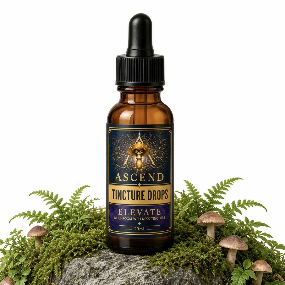 ASCEND Original Tincture Drops bottle on a mossy rock surrounded by ferns and mushrooms.