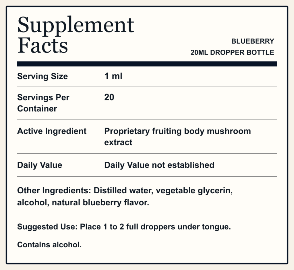 Supplement Facts BLUEBERRY 20ML DROPPER BOTTLE Serving Size 1 ml Servings Per Container 20 Active Ingredient Proprietary fruiting body mushroom extract Daily Value Daily Value not established Other Ingredients: Distilled water, vegetable glycerin, alcohol, natural blueberry flavor. Suggested Use: Place 1 to 2 full droppers under tongue. Contains alcohol.